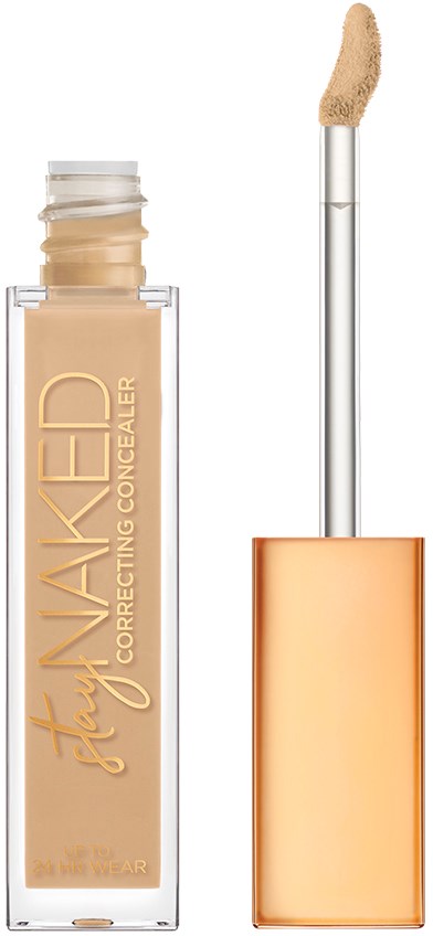 En concealer i en tydlig flaska med ett guldlock och en tillhörande applikator med stopp. Etiketten säger "flawless" och "correcting concealer."