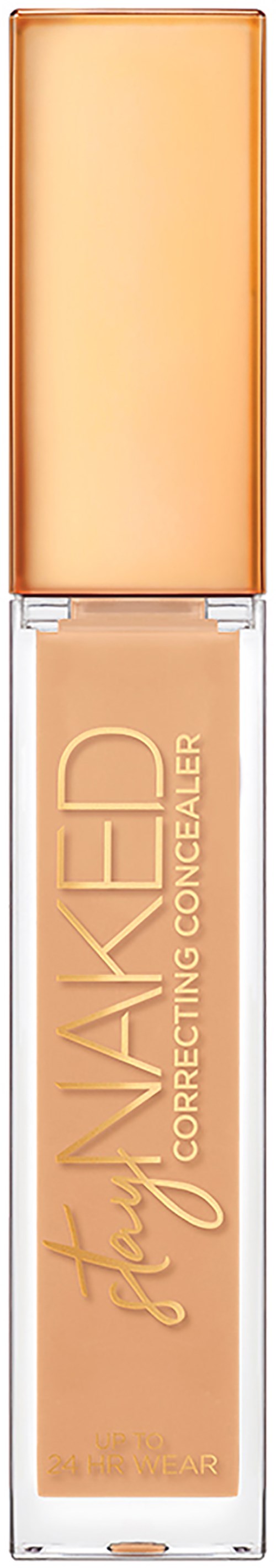 En concealer-penna med beige vätska, guldkapplåda och texten 'Stay Naked Correcting Concealer'.