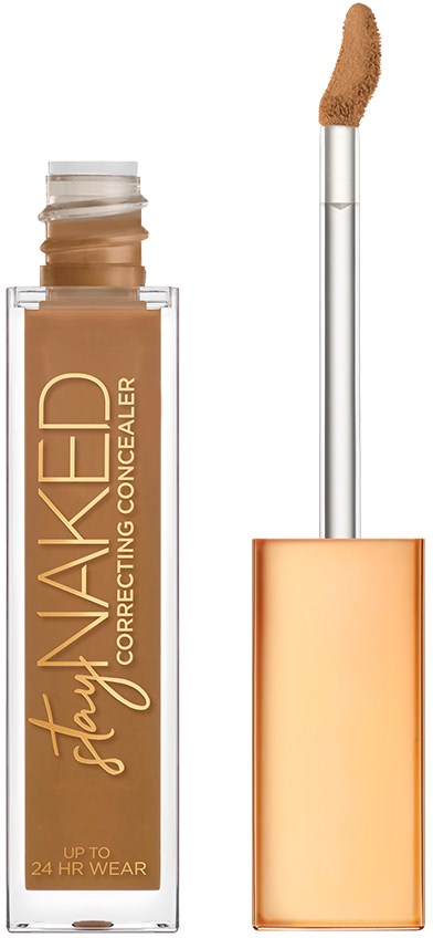 En concealer i gennemsigtig flaske med beige væske, med en beige svampespids på en pind.