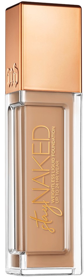 En flaska med Maybelline New York Lasting Fit flytande foundation med guldkapsel och tydlig kropp som visar produkten.