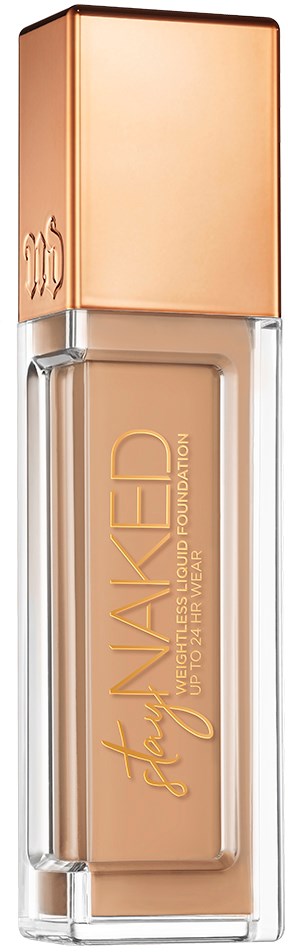 En flaska flytande foundation med roseguldlock och beige färg, märkt "Stay Waked".
