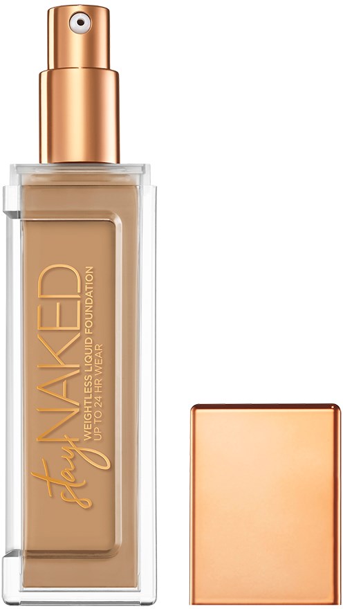En flaska med flytande foundation med sprayhuva och en fyrkantig lock i roséguld.