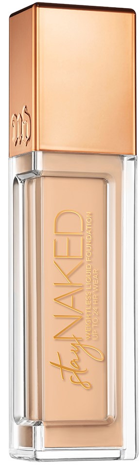 En läppstiftsflaska med beige lock och genomskinlig kropp som visar ljus persikofärgad läppstift.