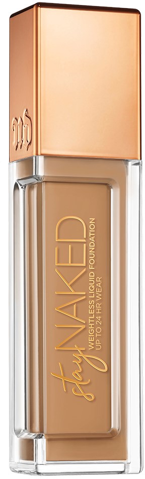 En beige flytande foundation i en klar flaska med kopparfärgad hatt. Etiketten säger "FLAWLESS stay."