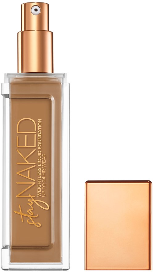 En flaska flytande foundation med roséguldlock och fyrkantig form, märkt 'Stay Waked' för hudmakeup.