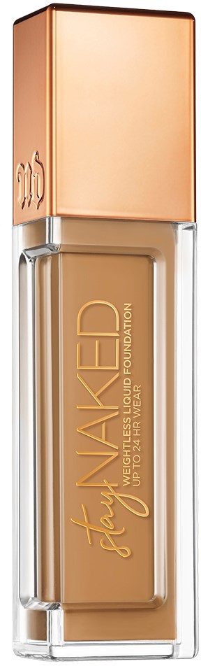 En flaska flytande foundation med roséguldslock och genomskinlig kropp som visar beige produkt inuti.