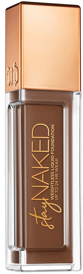 En flytende foundationflaske med beige lokk og brunt merke, merket "Stay WAKED" og "liquid foundation."
