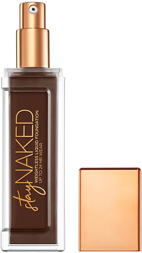 En flaska med liquid foundation med spraypump och ett separat kvadratiskt lock, båda i bronston.