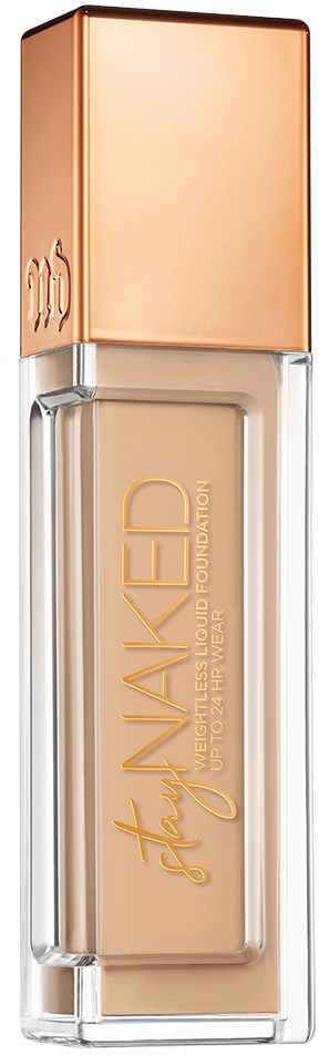 Een fles vloeibare foundation met een roségouden dop en een doorzichtige glazen behuizing die beige make-up laat zien.