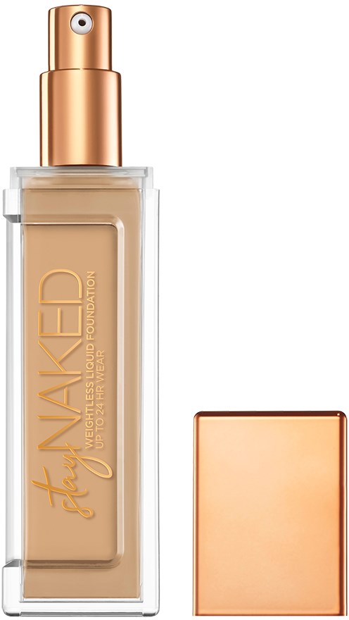 En fondationflaska med pump, guldlock, och klar kropp som visar ljusbeige makeup.