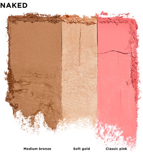 Tre olika sminkprodukter i nyanser av brons, guld och rosa med texturerade, rivna kanter. Label: "NAKED."