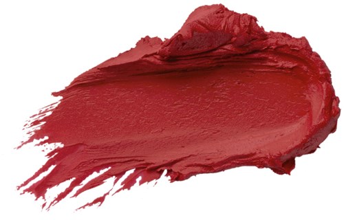 Ein verschmierter roter Lippenstiftfleck mit Ausbreitung auf weißem Hintergrund.