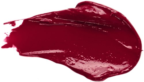 Ein Pinselstrich dunkelroten Lippenstifts auf weißem Hintergrund.