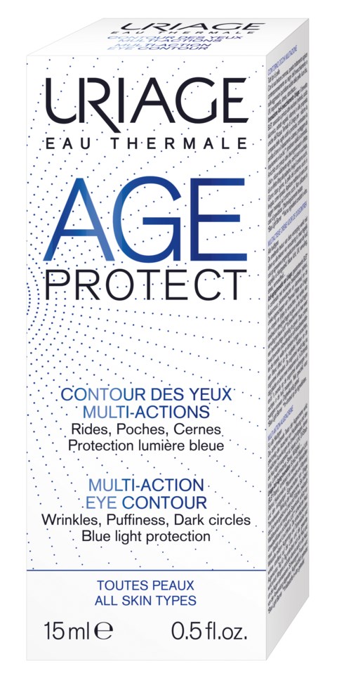A white skincare box with blue and black text, labeled 'Uriage Eau Thermale Age Protect' for eye and skin care.