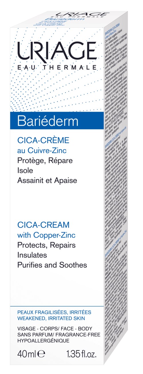 A box of Uriage Bariéderm CICA-CRÈME with copper-zinc, for damaged, irritated skin, 40ml, hypoallergenic, fragrance-free.