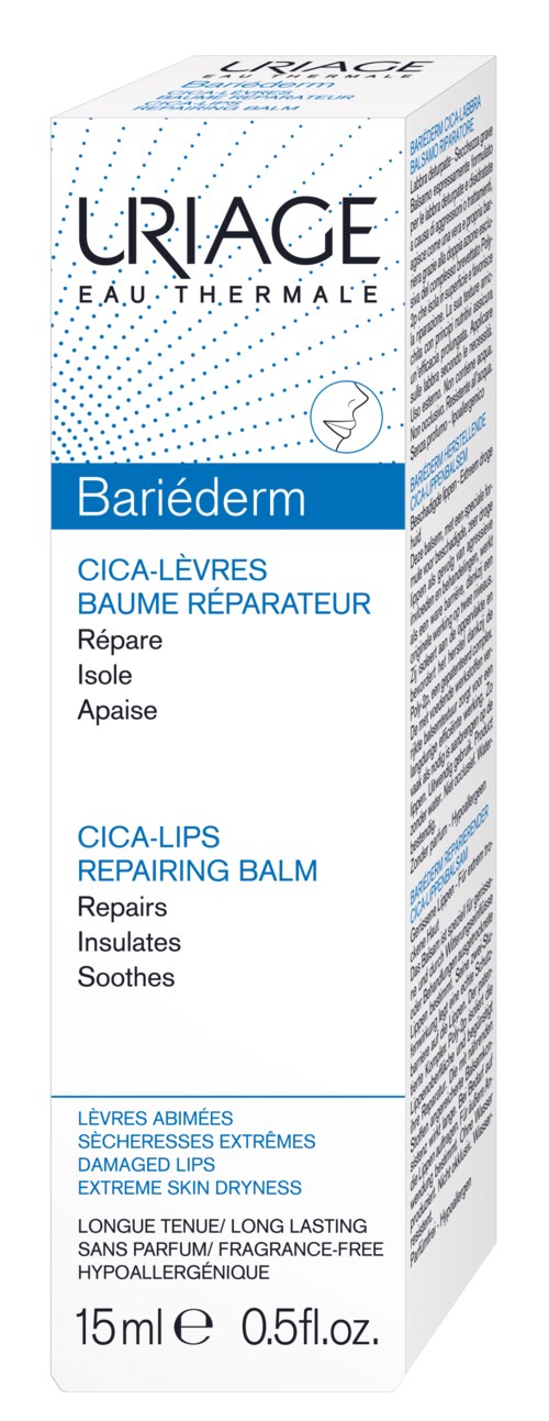 Uriage Bariéderm Balsam do ust, opakowanie, niebiesko-biały design, 15 ml.