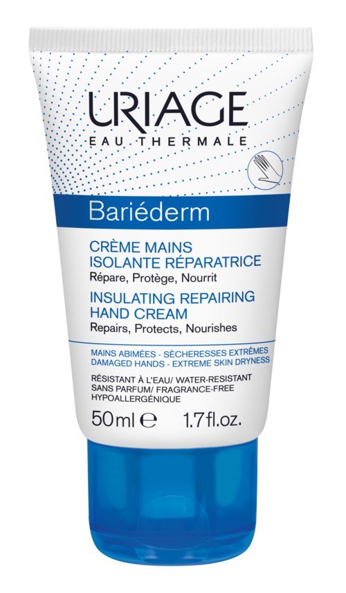 A tube of Uriage Bariéderm hand cream, 50 ml, designed to repair, protect, and nourish damaged, dry hands.