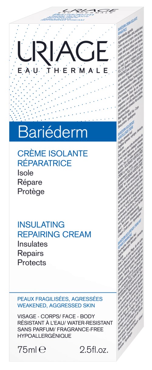 Eske med Uriage Bariederm isolerende reparasjonskrem for sensitiv og skjør hud. Beskytter, reparerer og beroliger huden. 75 ml.