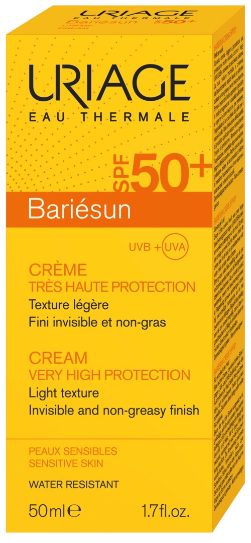 Żółte opakowanie kremu do opalania Uriage SPF 50+ dla wrażliwej skóry, lekka tekstura, wodoodporny, bez tłuszczu.