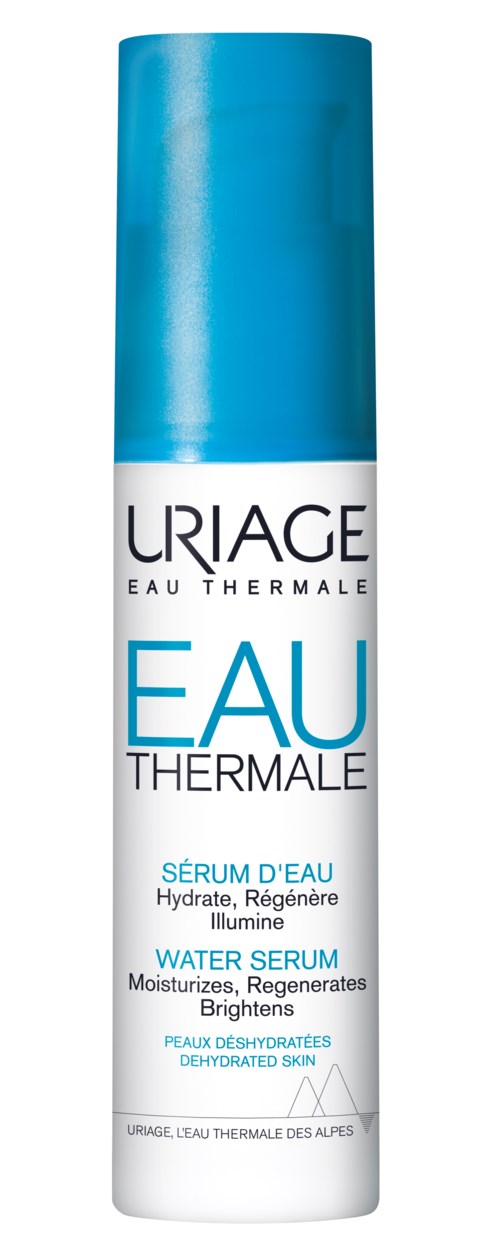 A blue and white bottle labeled 'Uriage Eau Thermale Water Serum' for skin hydration and brightness.