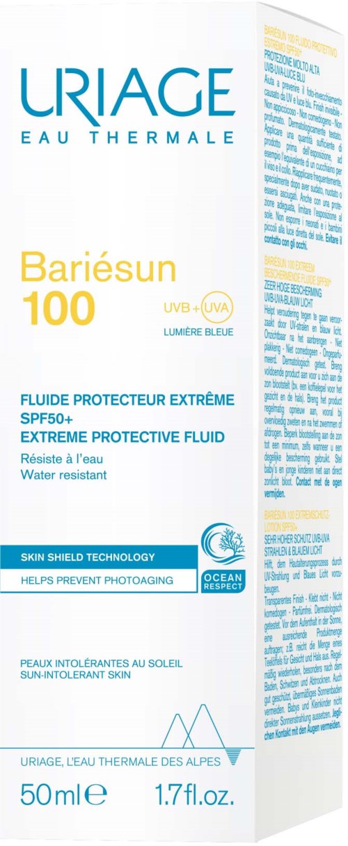 Uriage sunscreen box highlights SPF 50+ protection, water resistance, and skin comfort for sun-exposed skin.