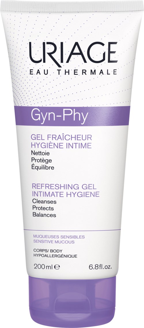 En tube med Uriage Gyn-Phy intimvaskegel med lilla og hvit design, 200 ml, for følsom hud.