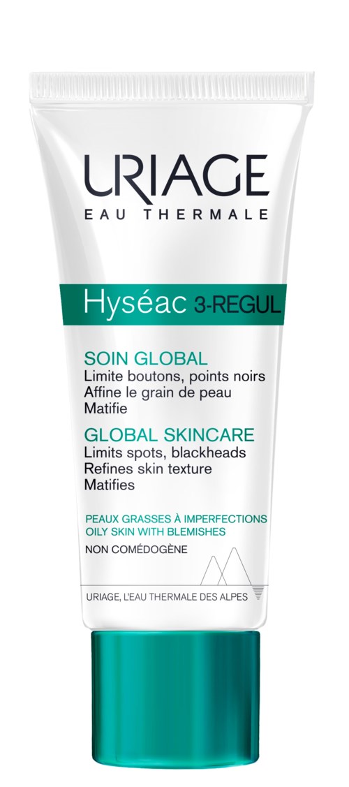 A tube of Uriage Hyseac 3-Regul skincare for oily, blemished skin, with green and white design, and detailed product info.