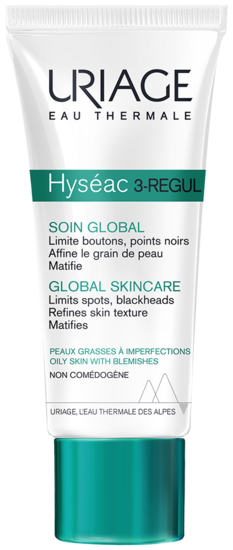 A tube of skincare product with a white and green label, named Uriage Hyseac 3-Regul for oily skin and blackheads.