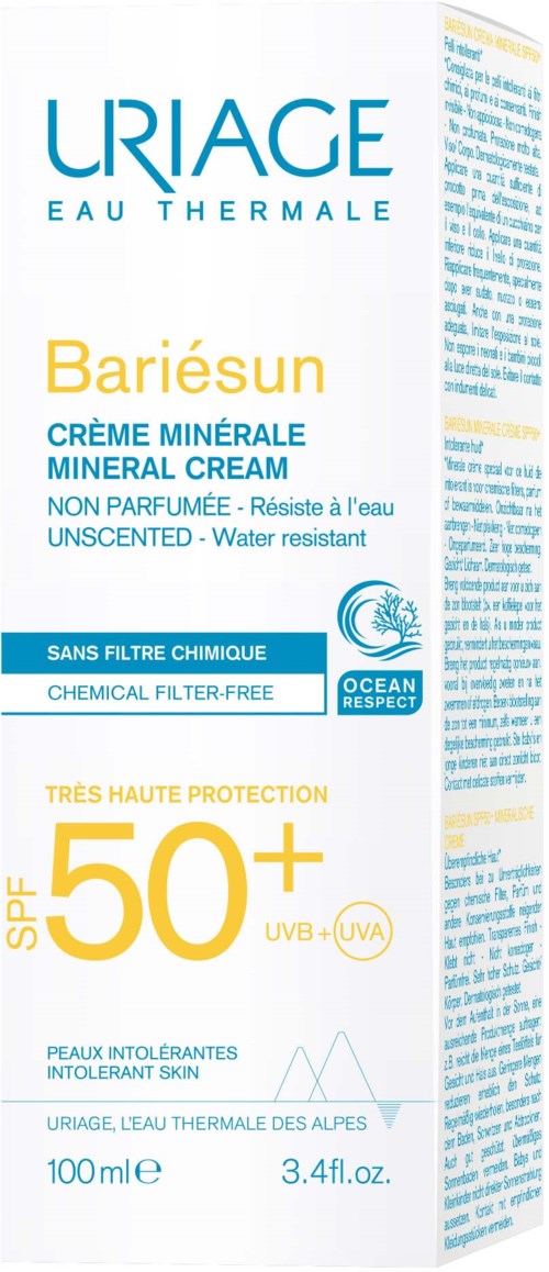 Boksen viser mineralsalve fra Uriage med SPF 50+ og vandafvisning, til følsom hud, udendørs beskyttelse.