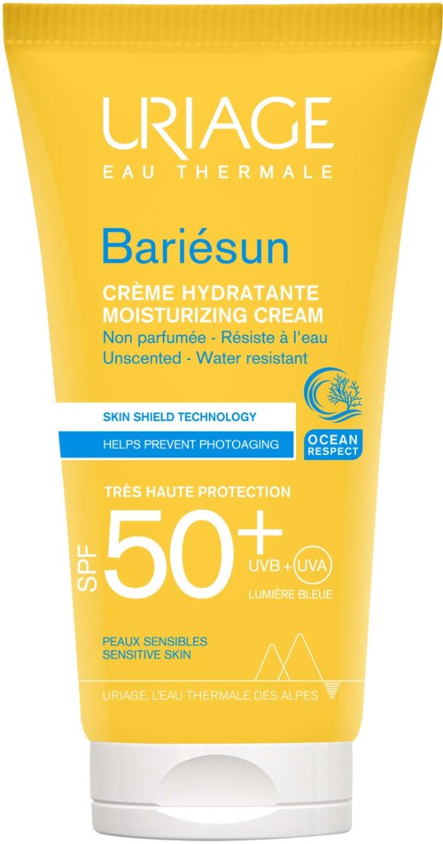 Sunblock tube with SPF 50+ for sensitive skin, water resistant, and ocean respect symbol.