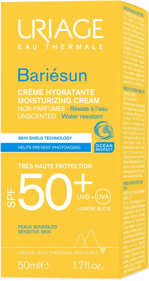Yellow box containing Uriage Bariesun moisturizing cream for sensitive skin with SPF 50+ and water resistance.