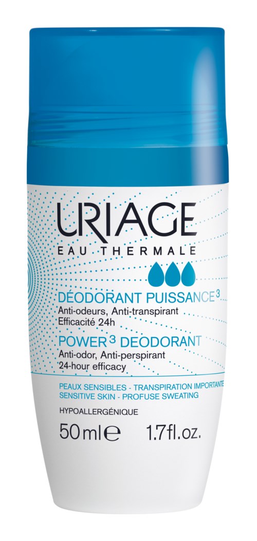 En blå och vit stiftdeo, med märke Uriage Eau Thermale, vattensymbol och detaljer på franska om doft och effektivitet.