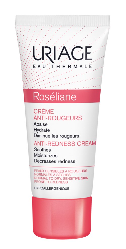 A white and pink tube of Uriage Roséliane anti-redness cream for sensitive skin. It soothes, hydrates, and reduces redness.