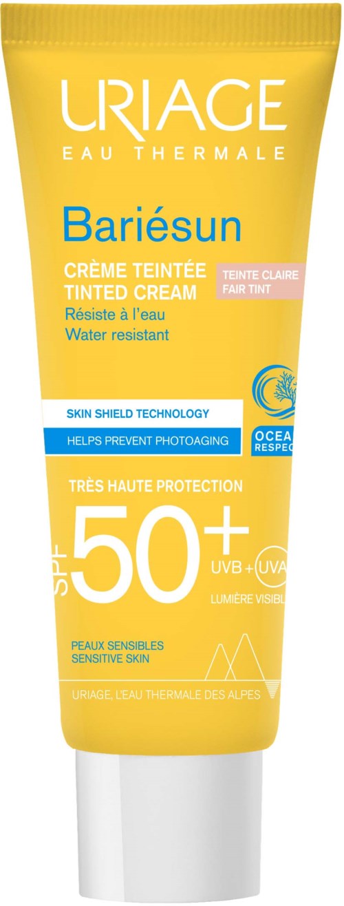 Gul tub med Uriage Bariésun täckt kräm med SPF 50+ för känslig hud, vattenavvisande, ger hög solskydd.