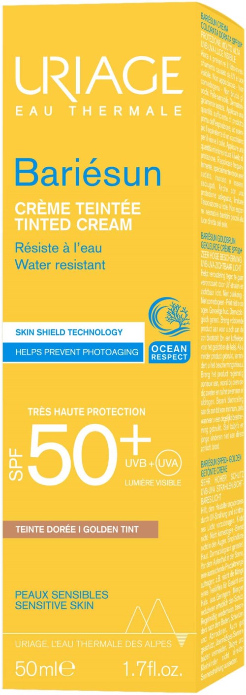 Gul kartong för Uriage Bariesun tonad kräm med SPF 50+ för känslig hud, vattenfast, hjälper till att skydda mot solen.