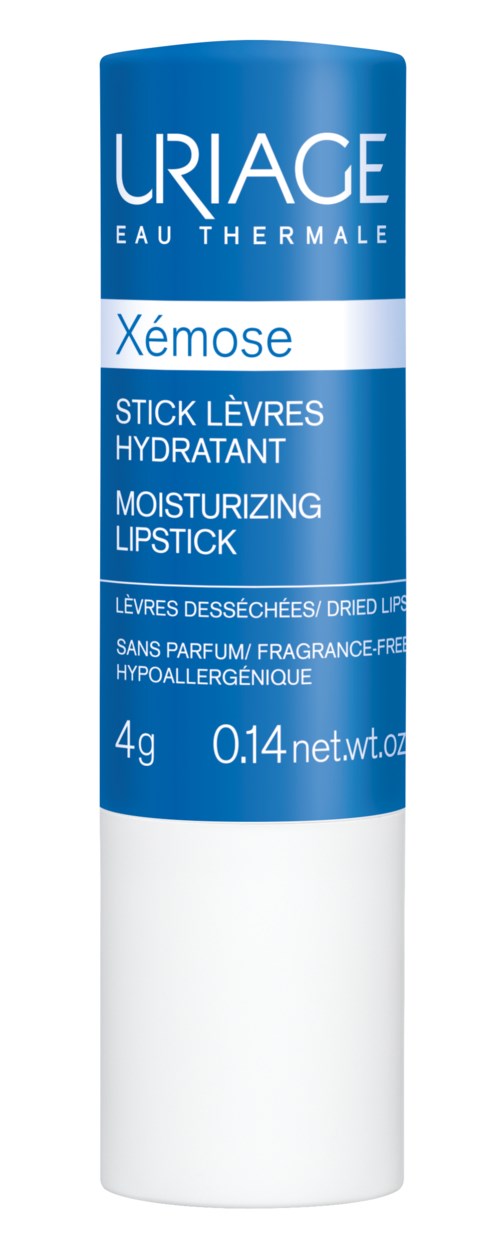 En blå og hvit leppestiftstift merket 'Uriage Xémose' for fuktighetsgivende lepper, parfymefri, hypoallergen, med 4 gram innhold.
