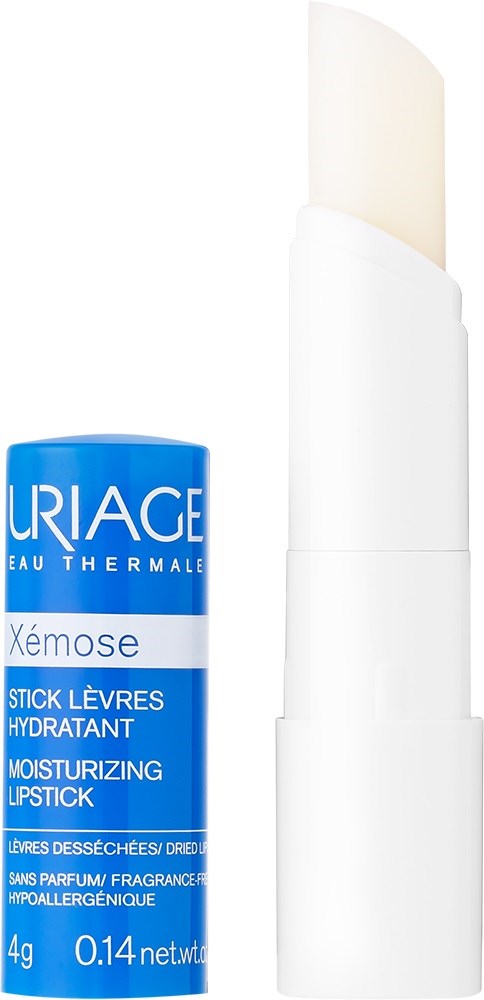 En blå og hvit leppekremstift med merkevaren "URIAGE" og produkbeskrivelse på flere språk.