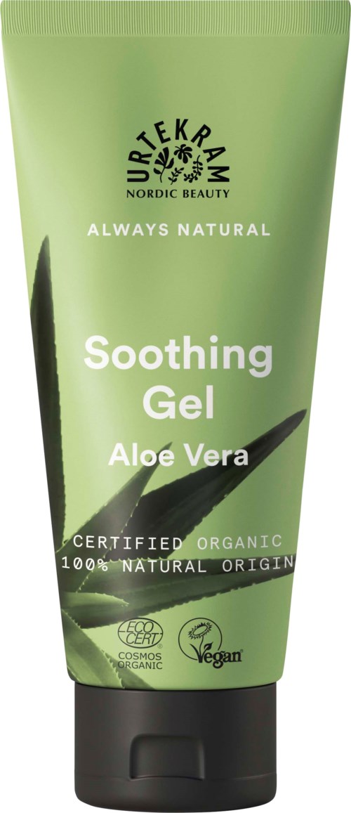 Grüne Tube mit beruhigendem Aloe Vera Gel, Bio, natürlich, vegan, zertifiziert, mit Aloe Vera-Blättern auf der Packung.