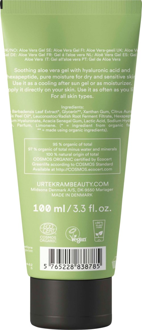 Grüne Tube mit Aloe Vera Gel, Text über Anwendung und Inhaltsstoffe. Für Hautberuhigung und Feuchtigkeit.