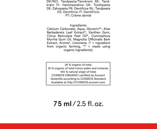 Detta är en ingredienslista för naturlig tandkräm, med nämning av ekologisk certifiering och volymen 75 ml.