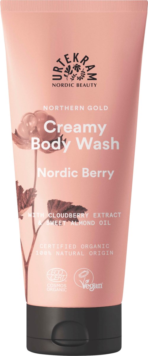 En rosa tub med Nordic Berry krämig kroppstvätt med blåbär, cloudberry och mandelolja. Den har ett svart lock.