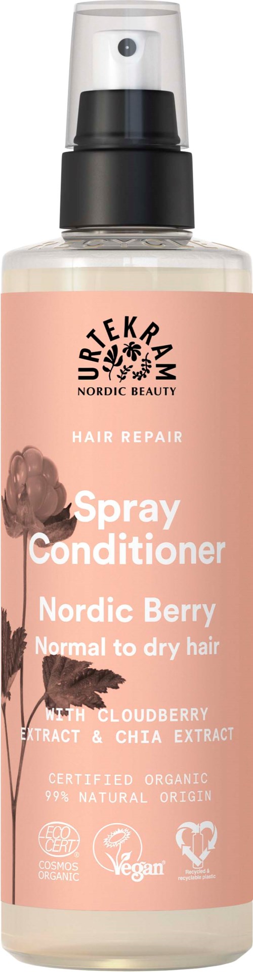 Różowa butelka spray do naprawy włosów z ekstraktem z borówki nordyckiej, cloudberry i chia, dla suchych włosów.