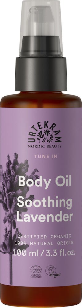 En kroppsolje flaska med lavendelolja, märkt 'Soothing Lavender' av Urtekram, ekologisk och vegansk.