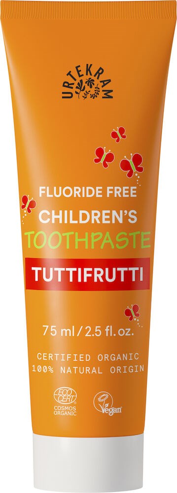 Vaaleoranainen putkit of children fluoride-free toothpaste with red, yellow, and green text and butterfly illustrations.