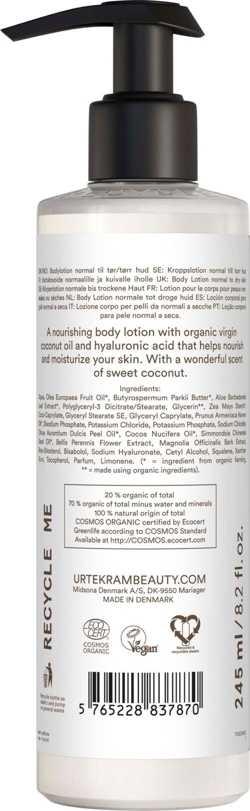 Przezroczysta butelka z pompką zawiera odżywczą balsam do ciała z organicznym virgin kokosowym olejem i miodem.