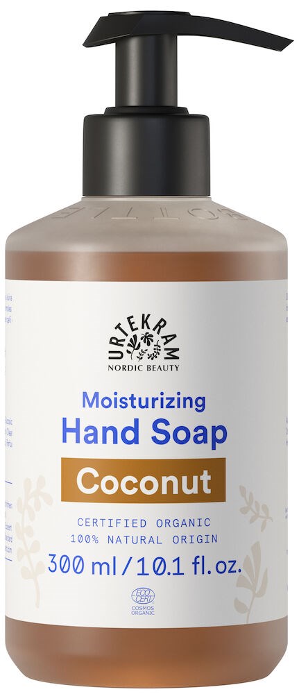 En flaska med organiskt kokosnöt återfuktande handtvål med pump, märkt i blått och brunt.