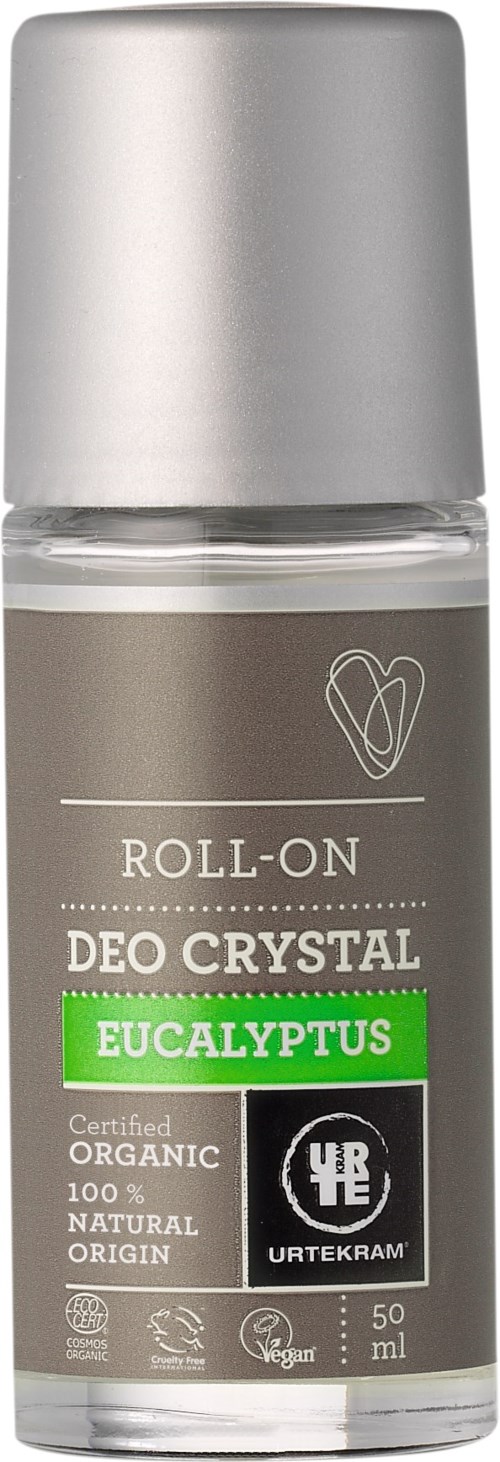 En liten roll-on-flaska med etiketten 'Deo Crystal Eucalyptus' och silverlock samt grönt markering, som visar att den är naturlig och ekologisk.