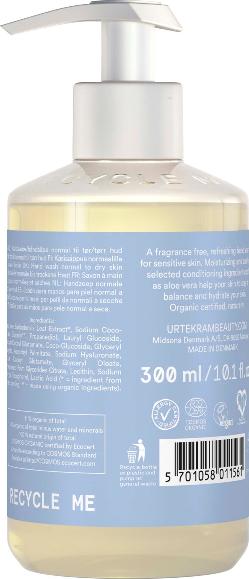 Een doorzichtige fles met een pomp, met een vloeistof. Etiket toont productbeschrijving, volume en recyclinginformatie.