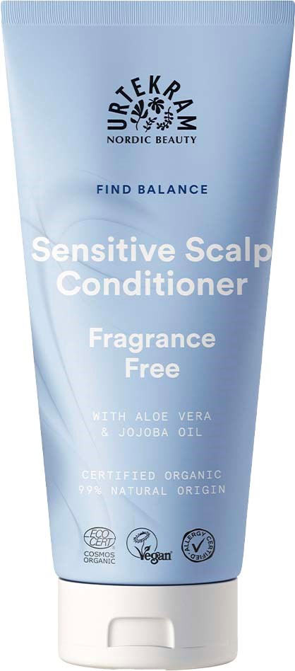 Blå tub med skalpsbalsam med aloe vera och jojobaolja, parfymfri, ekologisk, vegansk och certifierad.