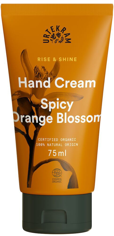 Orange handkrämstube med blomma, märkt 'Spicy Orange Blossom,' 75 ml, ekologisk och naturlig.